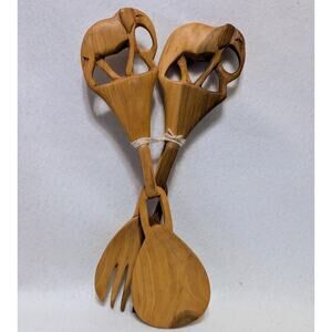 Carved Elephants Wooden Salad Serving Spoon And Fork Set NEW